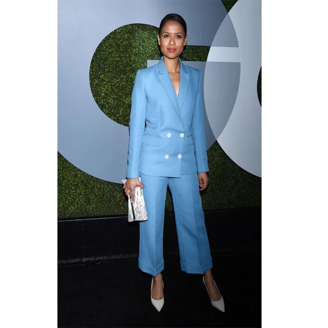 141 New womens business suits light sky blue double breasted elegant ladies trouser suits slim fit office uniform women's tuxedo