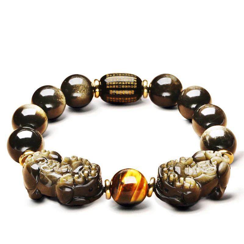 

Obsidian Double Skull Bracelet Men Bracelets Lucky Beads Prajna Paramita Natural Stone Gold Black Strand Bracelet Women Jewelry