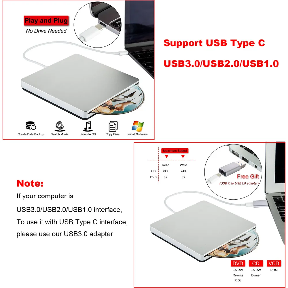 USB3.0 Внешний DVD CD диск USB C Superdrive DVD/CD +/ RW записывающая горелка для MacBook Pro