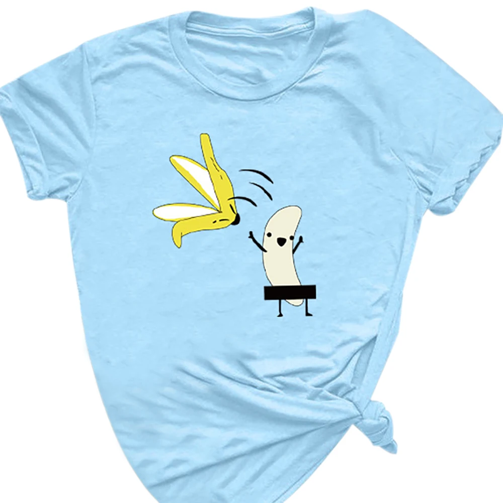 Размер, женская футболка с рисунком банана, забавная Футболка с принтом, женская футболка с круглым вырезом и коротким рукавом, повседневная Милая футболка, топы - Color: blue