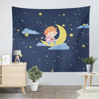 

Baby Cartoon Tapestry Dark Blue Night Starry Moon Print Wall Hanging Living Room Bedroom Decor Wall Carpet Polyester Yoga Mat