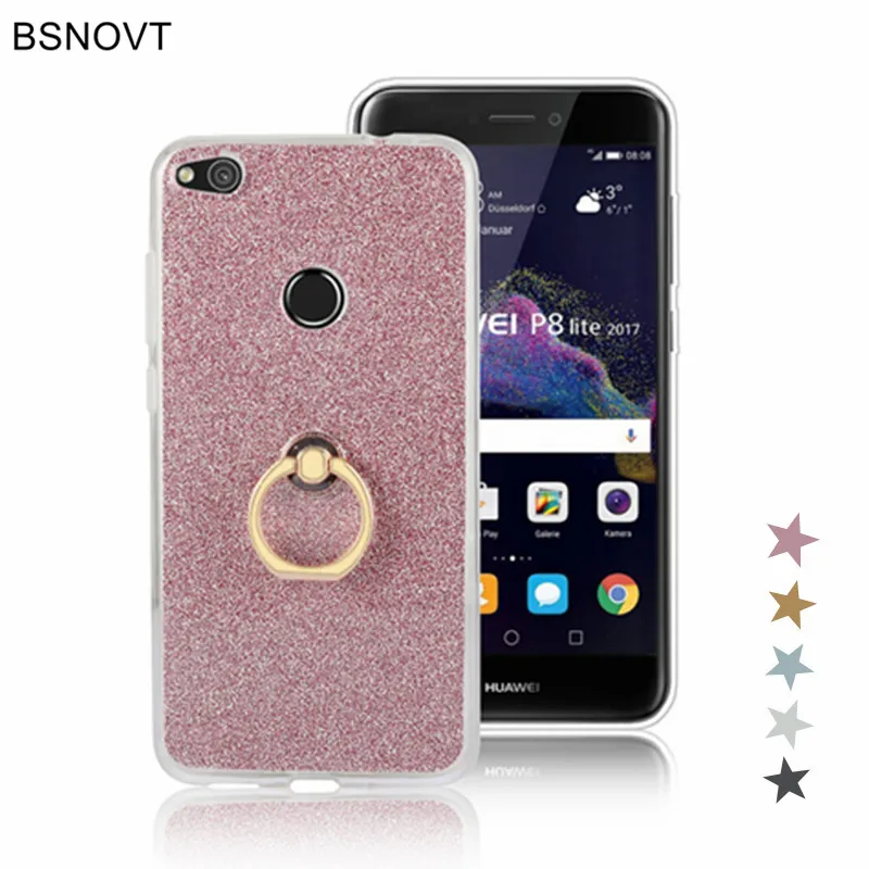 

Huawei P8 Lite 2017 Case Cover Silicone Glitter Bumper Phone Case Huawei P8 Lite 2017 Soft Finger Ring Bracket Back Cover BSNOVT