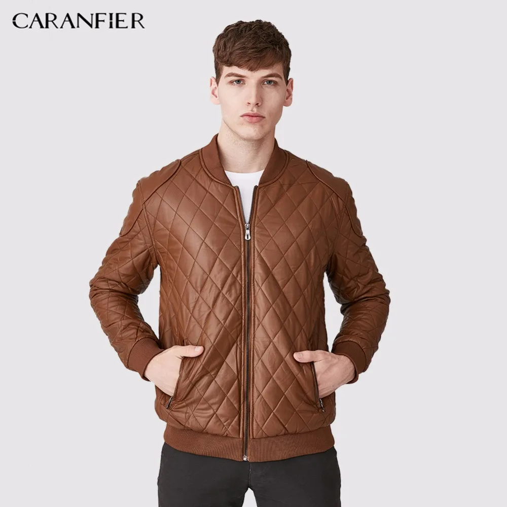 CARANFIER Новая мужская кожаная куртка высокого качества Клетчатая Мужская мода