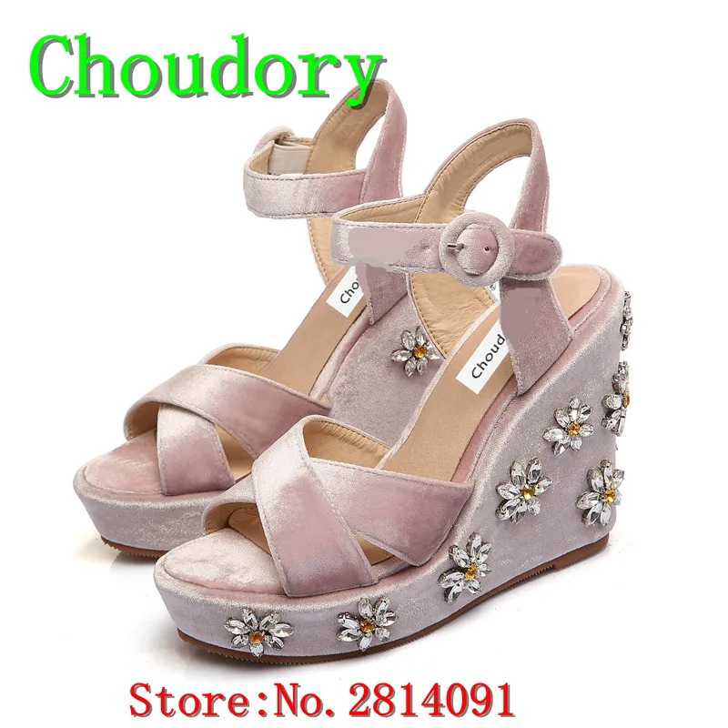 Choudory Flock Ankle-Wrap Buckle Strap Super High Heels Shoes Woman Bordered Dress Sexy Crystal Flower Platform Wedges Sandals