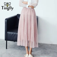 Tingfly Jupe Femme летние эластичные сетчатые Юбки миди с высокой талией женские кружевные юбки с бисером тонкая винтажная Плиссированная Юбка Saia
