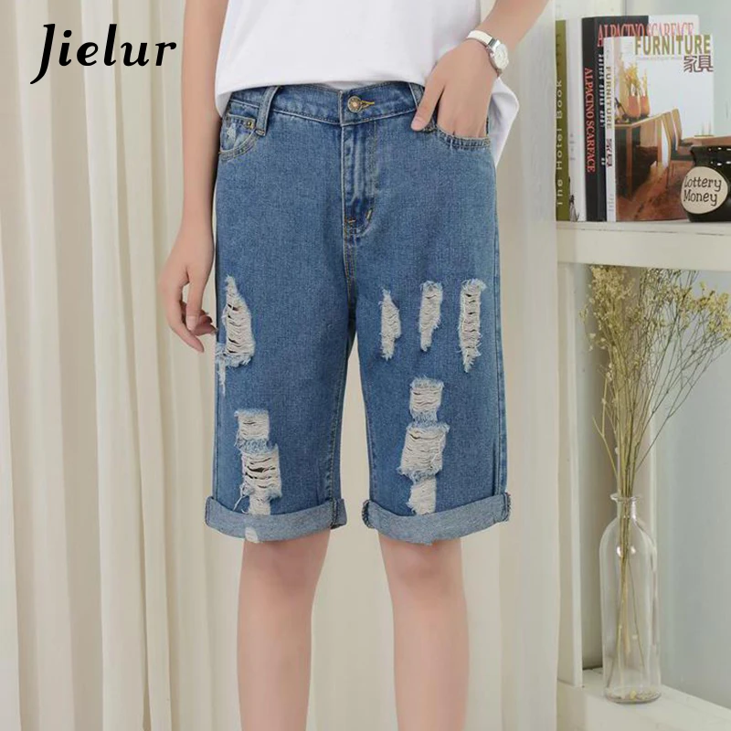 Jielur Summer High Street Half Women's Shorts Loose Hole Crimping