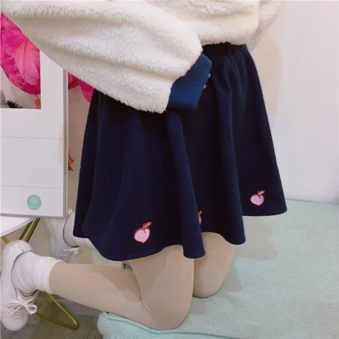 3 цвета, Женская юбка с высокой талией, милая розовая шерстяная мини-юбка, модели для девочек, Harajuku, свободная юбка с эластичной резинкой на талии, персиковая юбка с вышивкой
