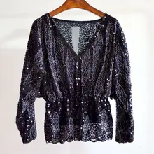 Единорог корейский настоящий полный полиэстер хлопок пайетки летучая мышь рукав однотонный стиль женский бисерный v-образный вырез летучая мышь рукав топы