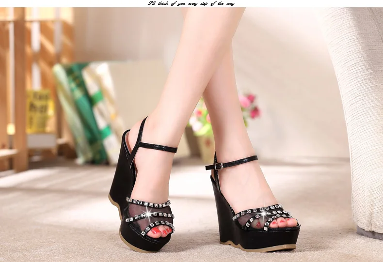 25_2016 Summer Fashion Elegant Footwear Peep Toe Black High Heeled Platform Sandals Silver Diamond Wedges Shoes Women Small Size