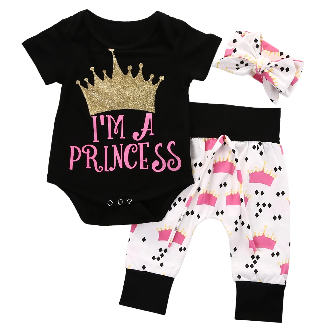 Комплект одежды для новорожденных девочек от 0 до 18 месяцев, боди с короной Ромпер брюки повязка на голову, комплект из 3 предметов одежда для малышей Bebek Giyim - Цвет: Черный