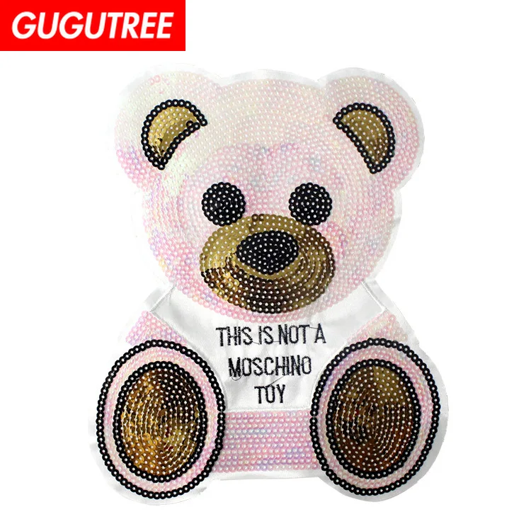

GUGUTREE embroidery Sequins big bear patches animal cartoon patches badges applique patches for clothing XC-418