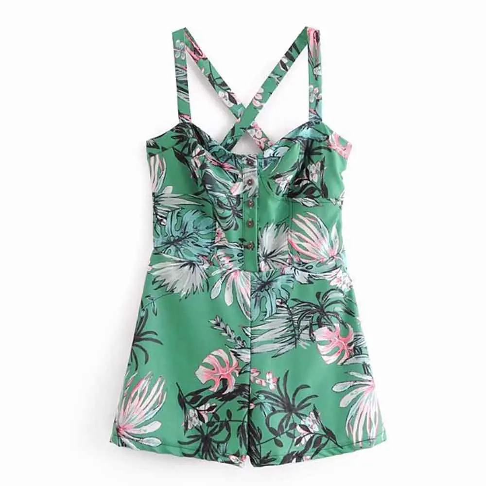 

ANSFX Sexy Leaves Print Back Cross Spaghetti Strap Playsuits Summer Women Open Button V-Neck Bodysuit Romper Sling Overalls