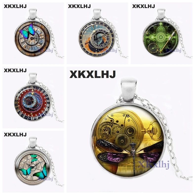 

XKXLHJ Glass Photo Cabochon Necklace Steampunk Clock Necklace Glass Dome Pendant Handcrafted Jewelry Butterfly Pattern