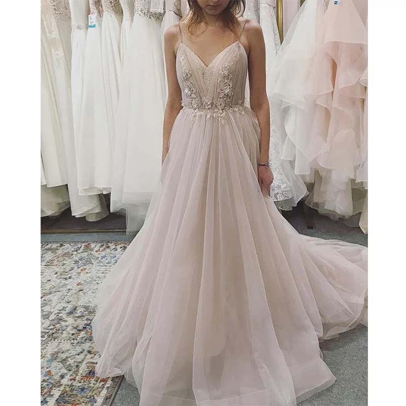 

Hot Sale Blush Pink V-neck Evening Dresses Long Formal Party Dresses Pleats Tulle Spaghetti Straps Robe De Soiree Chapel Train