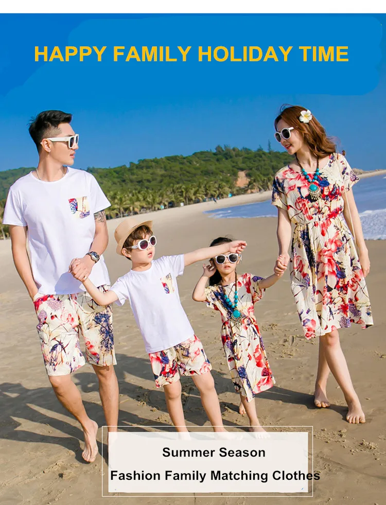 Mommy And Daughter Lotus Printed Dress Daddy Son T shirts And Shorts Family Matching Clothing Set 01