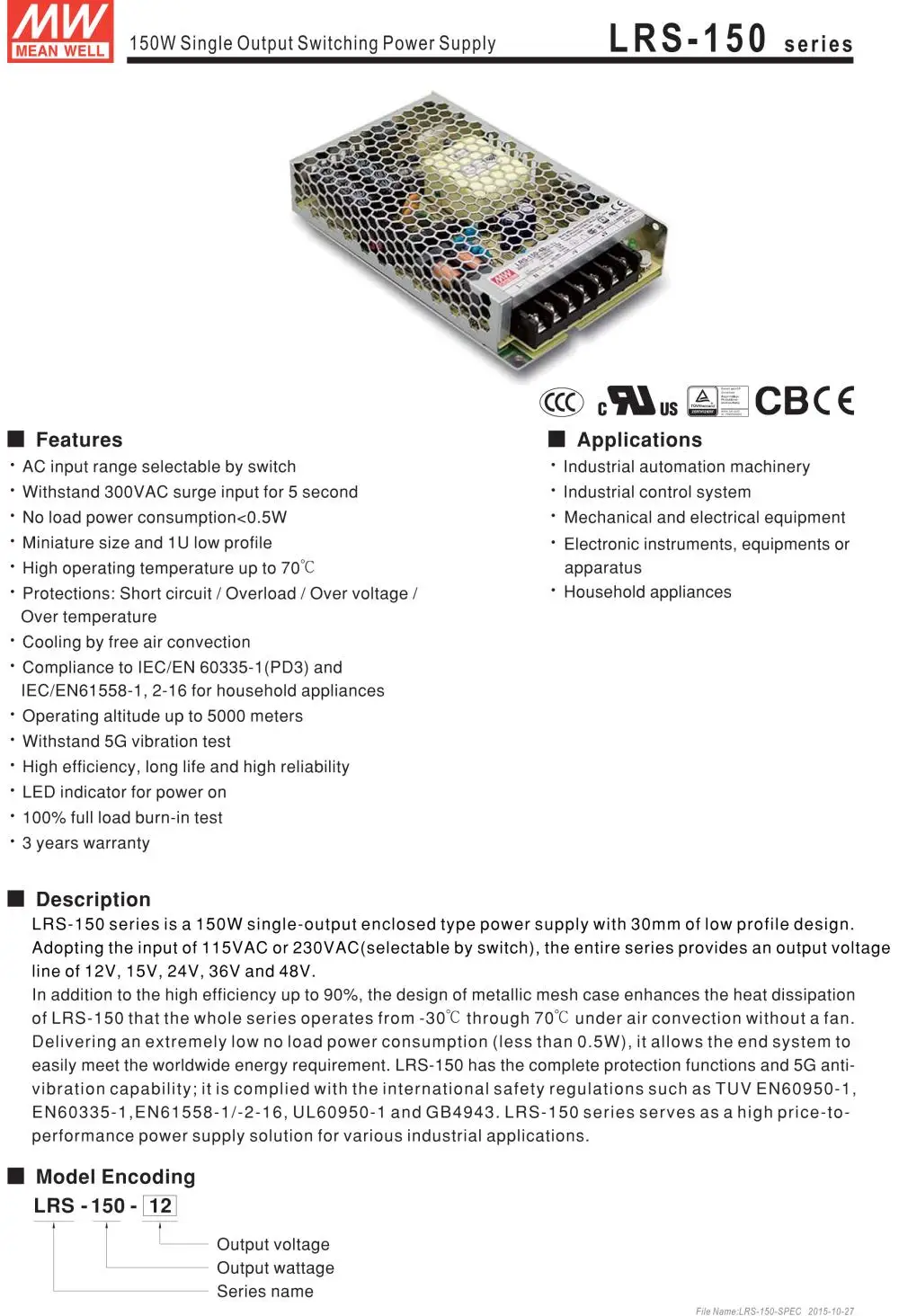 3,28) Meanwell 150W источник питания LRS-150-24V 12V 15V 36V 48V 6.5A 10A 12.5A DC дисплей светодиодный светильник монитор LRS-150F