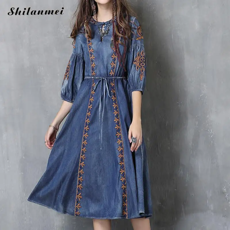 Fashion Blue Half Sleeve Woman Casual Denim Dress Embroidered One Piece Female 2018 Autumn Streetwear Loose Jeans Dresses