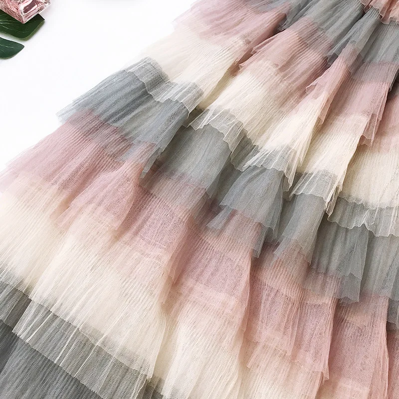 Очень милые Пышные Многослойные фатиновые длинные юбки Каки ярких цветов, длинные плиссированные юбки до щиколотки в стиле пэчворк с градиентом