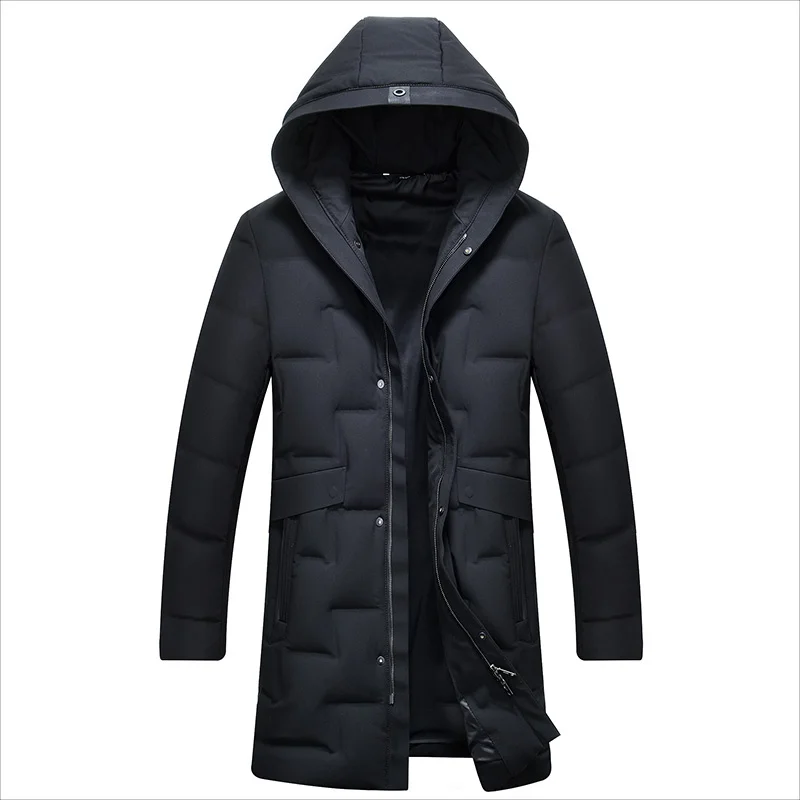 Мужская длинная куртка на утином пуху, тонкая парка с капюшоном, теплое пуховое пальто для мужчин, 8221 - Цвет: Черный