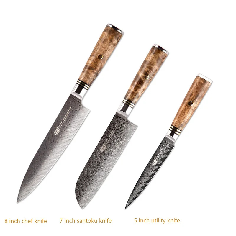 FINDKING 6 комплект ножей AUS-10 Дамасская сталь Sapele деревянная ручка стрелы шаблон набор ножей из дамасской стали 67 слоев шеф-повара кухонный нож - Цвет: 3 pcs-a