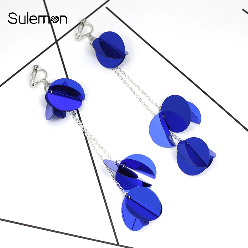

Blue Sequins Earrings No Hole Ear Clips Round Sequins Tassel Clip Earrings Without Piercing Women Statement Long Earring CE172