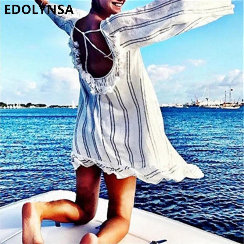 

Stripe Long Sleeve Backless Ruffle Tassel Mini Dress Summer White Sexy Short Dress Plus Size Beach Tunic Cover Sundress N474