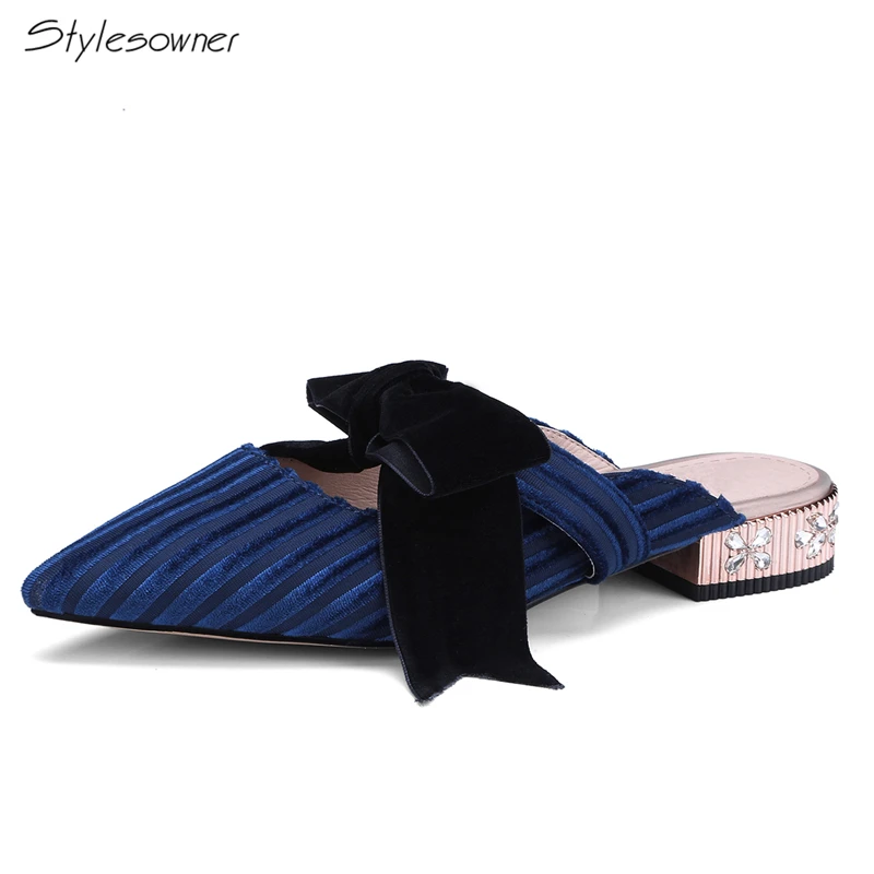 Stylesowner Butterfly-Knot Velvet Crystal Heels Slippers Sumemr Pointed Toe Hollow Out Shoes Rhinestone Women Heels Mules Slides