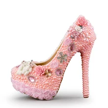 Wedding High Heel Shoes Gorgeous Design Crystal Bridal Dress Shoes Pink Color Pearl Lace Flower Platform Birthday Party Pumps