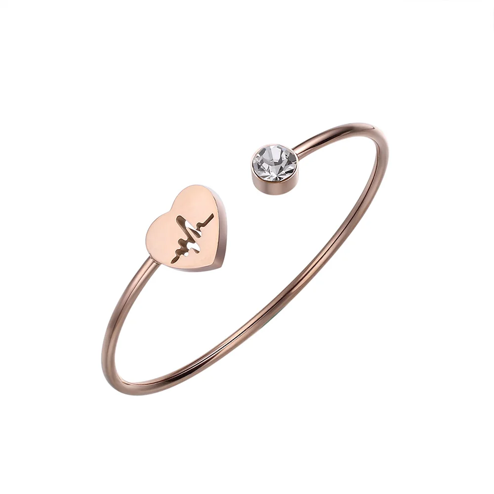 Stainless Steel Heart Beat Cuff Bracelet Silver Rose Gold Crystal