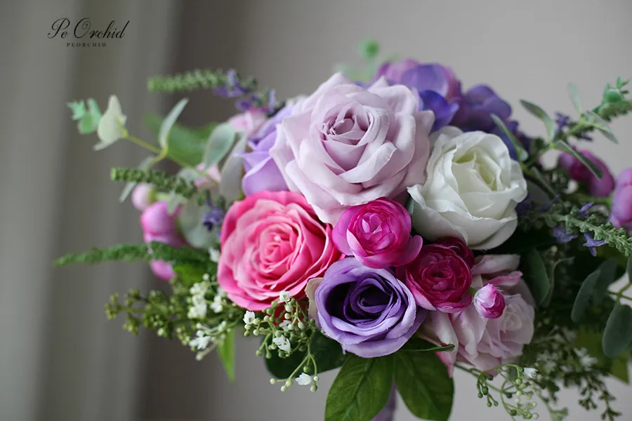 PEORCHID, европейский стиль, фиолетовые Свадебные букеты для невесты, цветы эвкалипта, искусственные розы гортензии
