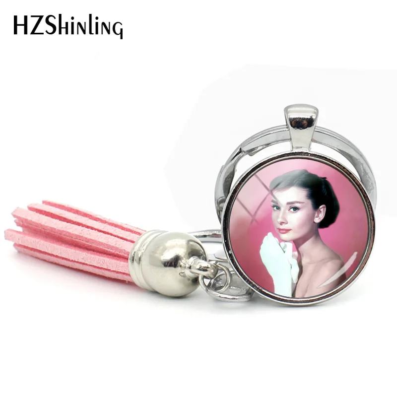 

2018 New Arrival Audrey Hepburn Tassel Keychain Glass Cabochon Jewelry Art Printed Keychains Actress Keyring Bohemian Key chain