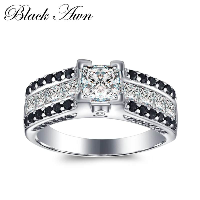 

[BLACK AWN] 4.1Gram Genuine 925 Sterling Silver Jewelry Neo-Gothic Black&White Stone Wedding Rings for Women C352