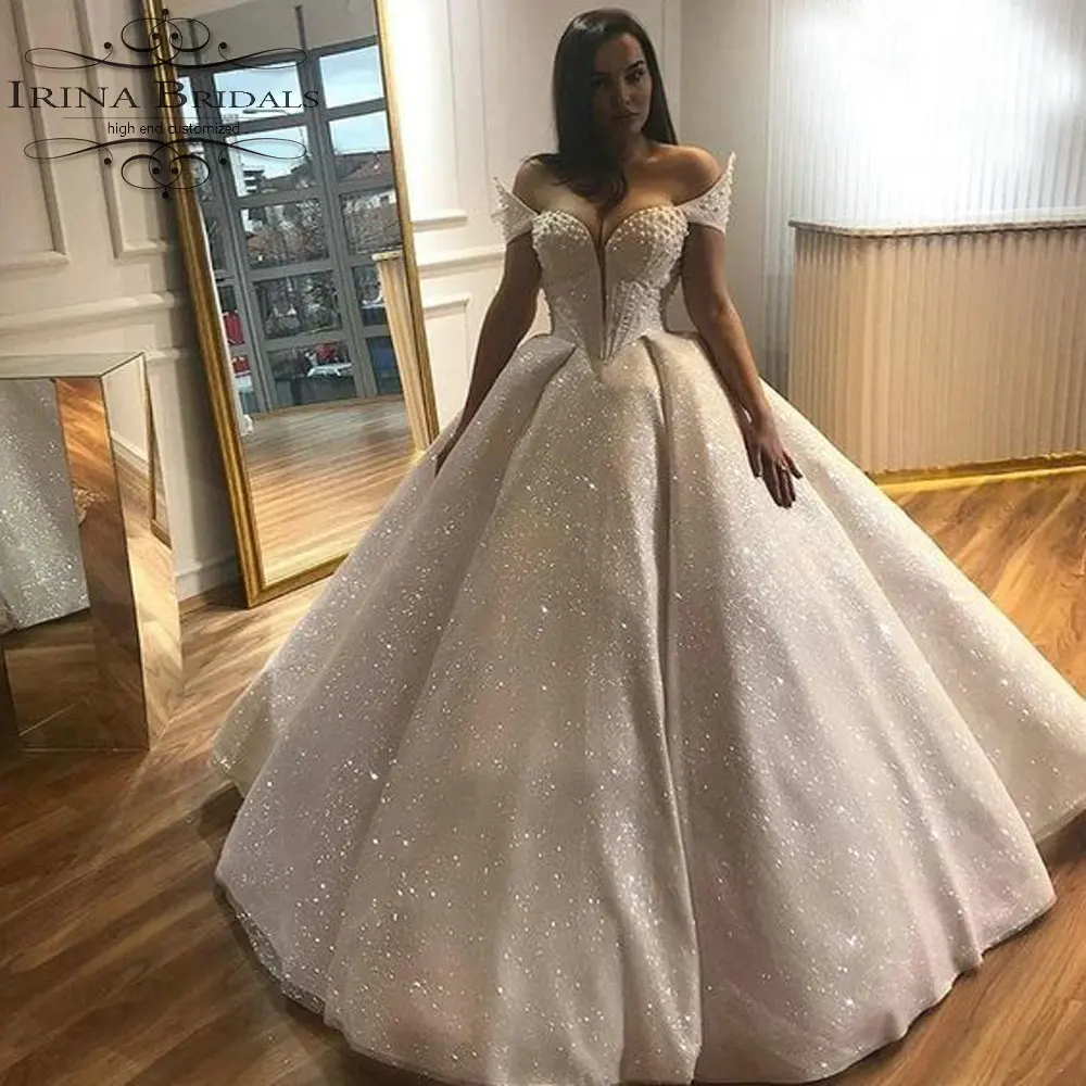 

gelinlik Boat Neck Sexy Low Cut Pearls Shiny Wedding Dress