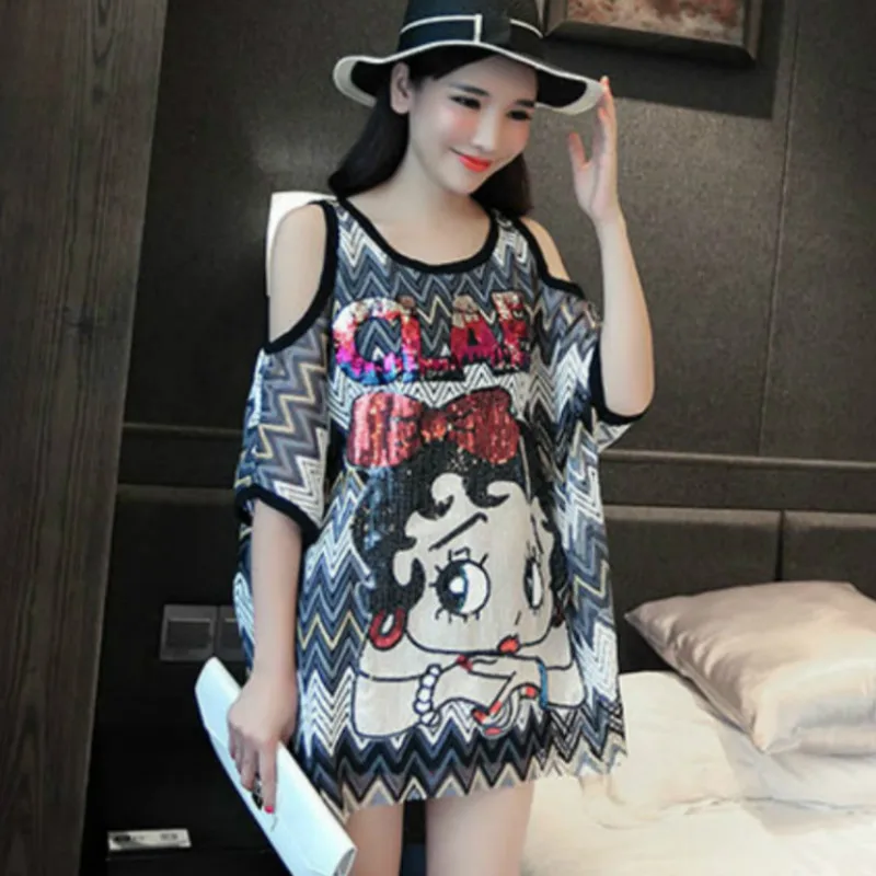 

Cartoon Girls Pattern Sequined Tees Off Shoulders Beading T-shirts Bat Sleeved Loose Dress Oversized Stage Dance Show Tops