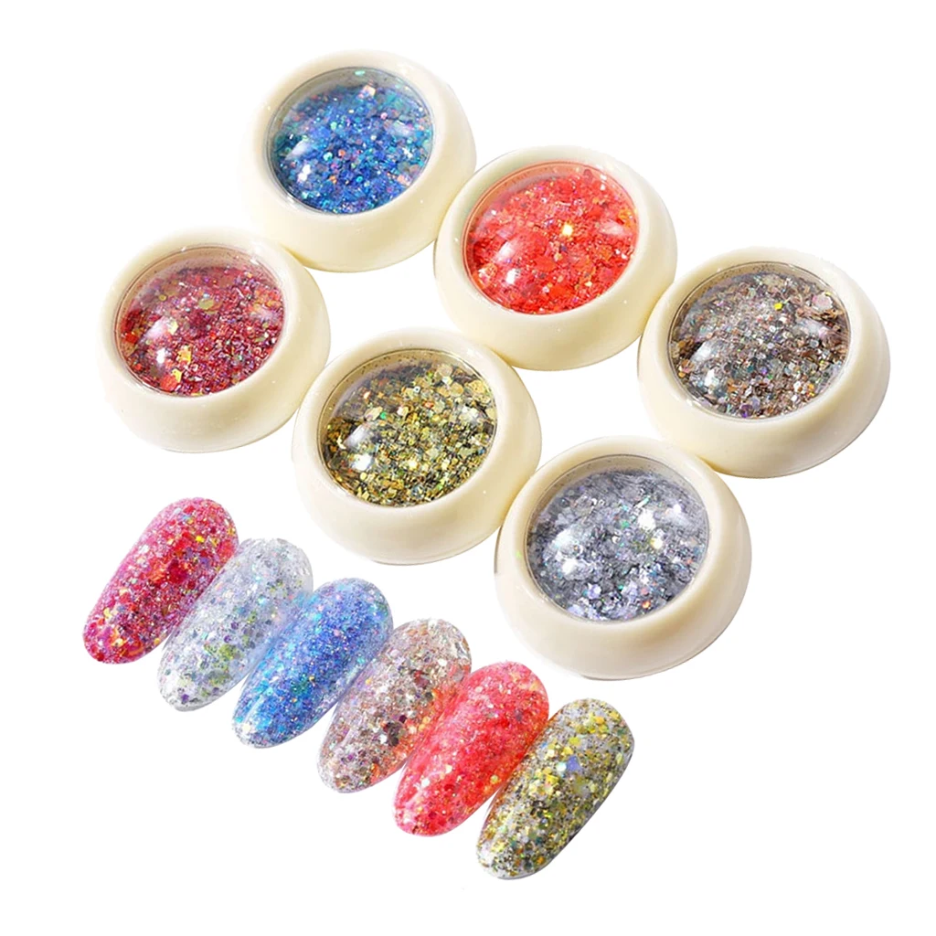 6 Jars Shiny Nail Flake Glitter Powder Nail Tips Decor Foil Sequins