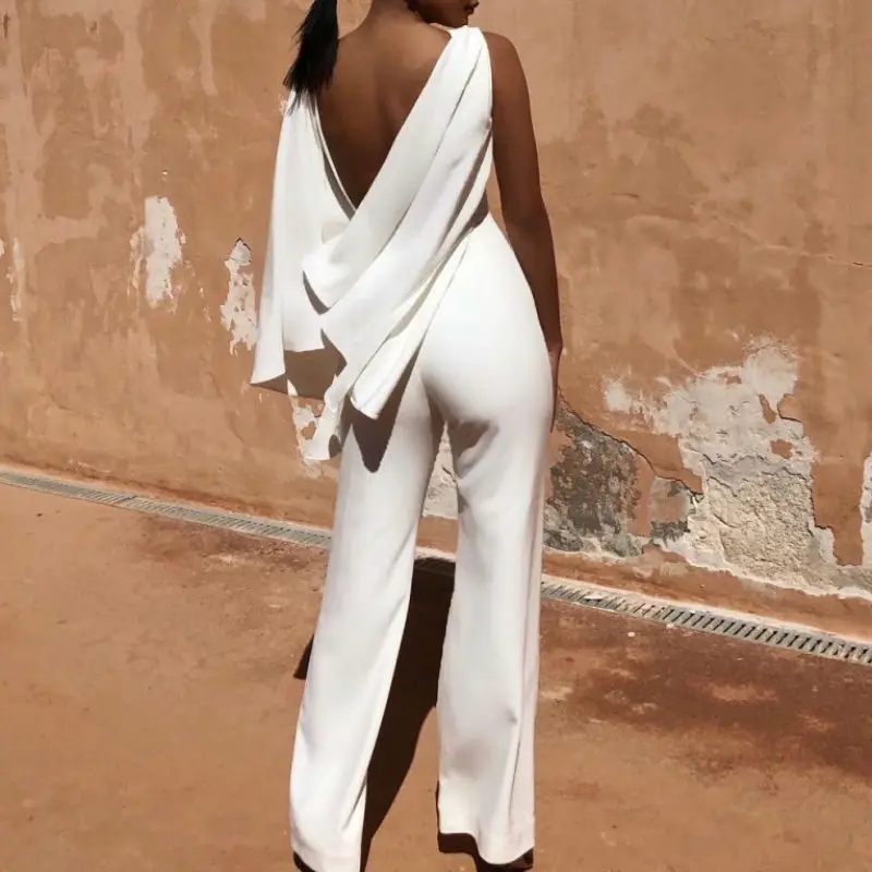 

New Summer Women Bandage Jumpsuits White Straight Ruffless Backless Polyester Evening Club Party Bodycon Rompers Playsuits