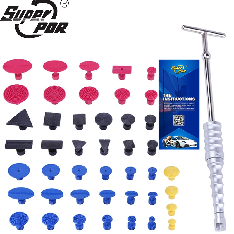 

Super PDR Tools Wave T Dent Lifter+44pcs Different Glue Tabs Auto Dent Puller Suction Cup Paintless Repair Tool Hail Removal Kit
