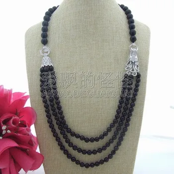 

N060203 3 Strands 28" Natural Faceted Round Onyx CZ Connector Necklace