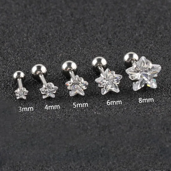CZ Clear Crystal Gem Korean Zircon Earrings Ear Stud Stone bone Nails Round Star Heart Square Tragus Steel 16G Women Jewelry | Украшения и