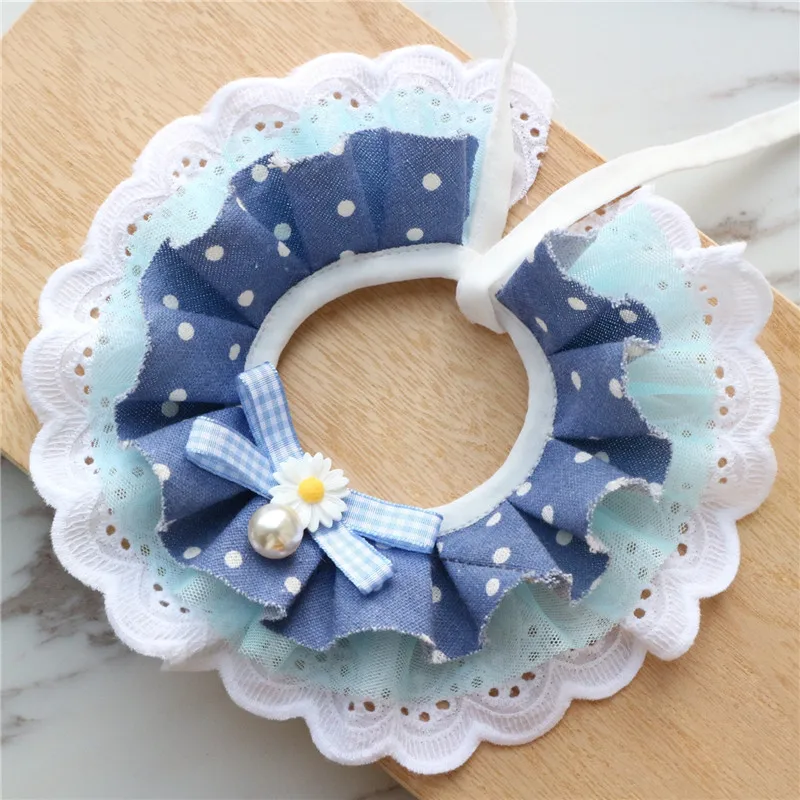 

2019 New Blue Polka Dot Pearl Handmade Lace Dog Bib Pet jewelry Cat Dog Collar Lace Bibs Bows Tie Grooming Accessories
