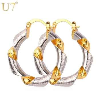 

U7 Twisted Round Earrings Unique Mix Gold Silver Color Two Tone Hoop Earrings For Women Fashion Jewelry E668