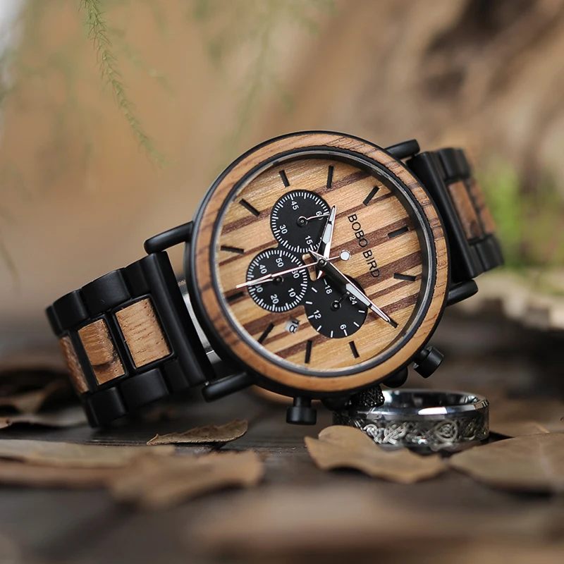 BOBO BIRD Wood Men Watches Stop Watch with Wooden and Stainless Steel Band OEM Stylish Elegant Timepieces Montre Homme K-P09-1