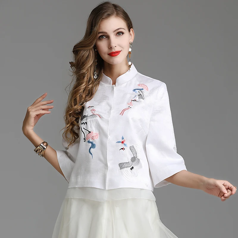 

Women tops spring/summer royal embroidery vintage floral short coat mandarin collar 3/4 sleeve lady casual jacket female S-XXL