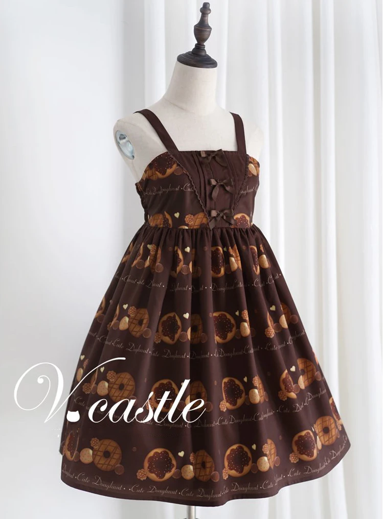 

Super Cute Women's Doughnut Biscuit Printing Lolita JSK Dress Sleeveless Suspender Kawaii Dress Bows Elastic Color Brown