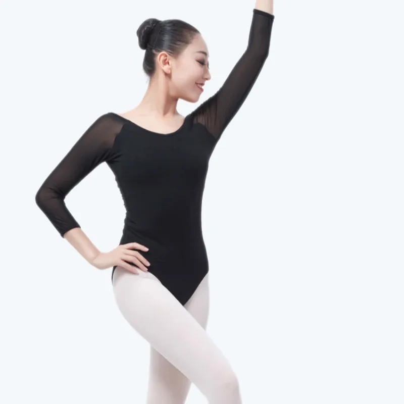Adult Gymnastics Leotard Black Mesh Dance Long Sleeve Lace Ballet