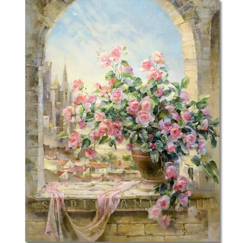 

WONZOM Pink Rose Framed Wall Pictures, DIY Oil Painting By Numbers, Oil Canvas Paintings Home Decor For Living Room 40x50cm