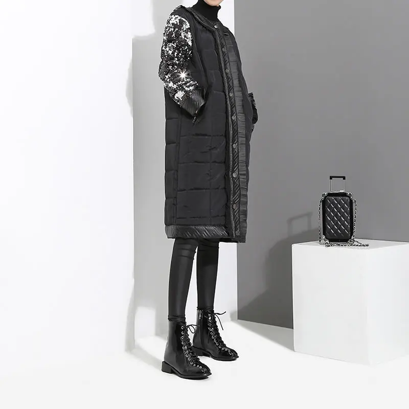 Femmes Corée Zll2516 Large Poitrine xitao Long Unique Stand Automne À Couleur Solide Parka Col Black 2018 Paillettes De Taille Mode fwFtqUYt