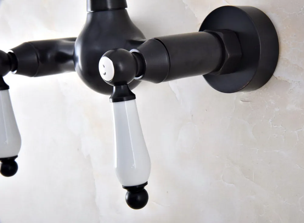 Black Oil Rubbed Bronze Wall Mounted Bathroom Kitchen Sink Faucet Swivel Spout Mixer Tap Dual Ceramics Handles Levers anf856