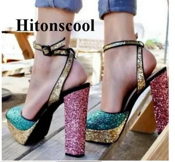 

Plus Size 13 Metallic Platform Sandals Ankle Strap Chunky Heel Bling Bling Glitter Sandals 2018 Summer Dress Shoes Free Ship