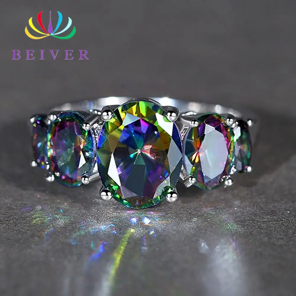 

Beiver 2019 New Arrival White Gold Color Oval Rainbow AAA+ Cubic Zirconia Promise Wedding Bands Rings for Women Party Jewelry